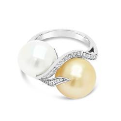 White Gold Ring With Two Natural South Sea Pearls And Diamonds