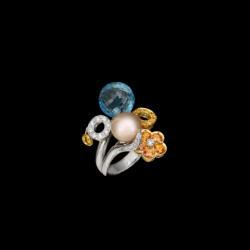 Carlo Joaiellier Collection Floral White And Yellow Gold Natural White Diamonds Sapphires Pearl And Blue Topaz